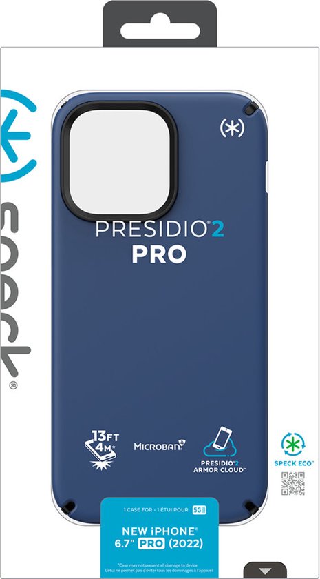 Speck hoesje geschikt voor Apple iPhone 14 Pro Max - Slank - Ultieme Bescherming - Luxe Soft-touch Afwerking - Valbescherming gecertificeerd tot 4 meter - Microban Antibacterieel - Presidio2 Pro lijn - Blauw