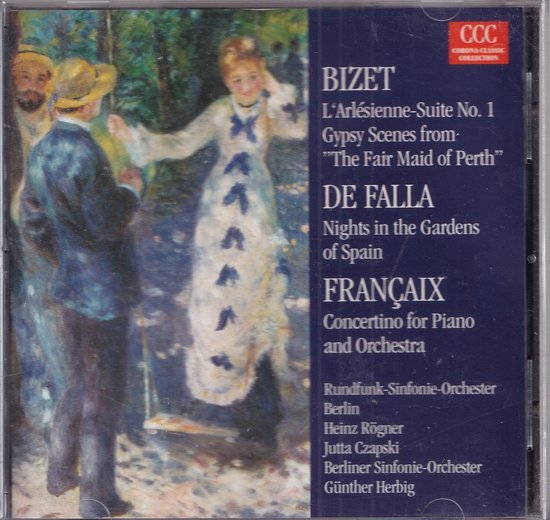 CD-hoes met een schilderij van een vrouw op een schommel, omringd door mannen. Titel: Bizet, De Falla, Francaix.