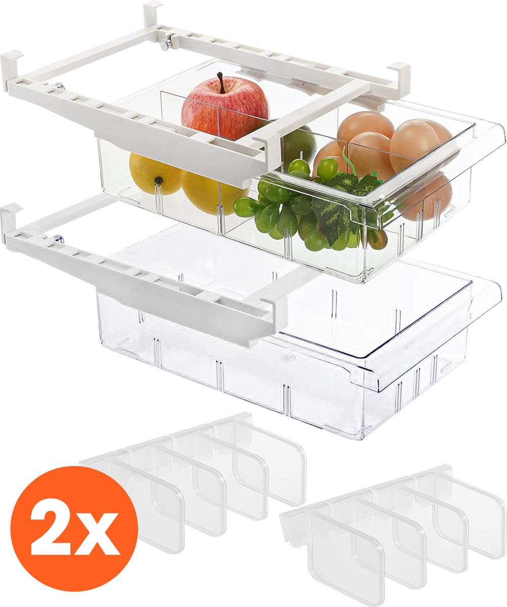 Lenx - Transparante Koelkast Organizer - Set van 2 - Gratis 8 koelkast dividers - Extra Lade in Koelkast - Bakjes - Doorzichtig met Scheiding tot 8 Vakjes - Verstelbaar - BPA vrij