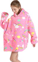 Unicorn fleece deken met mouwen en capuchon voor kinderen - fleece kinderponcho unicorn - hoodie deken met mouwen - plaid met mouwen - hoodie blanket - maat 134 t/m 158 (8-12 jr) - neon roze