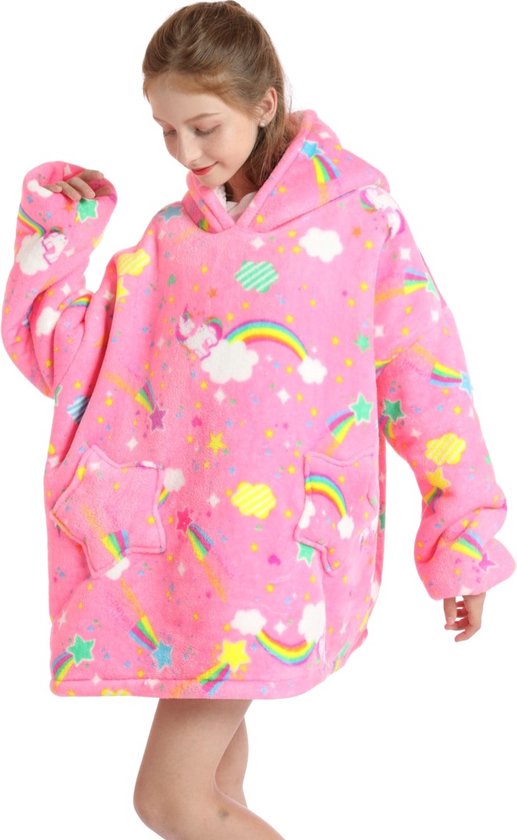 Fleece deken met capuchon & mouwen - kind - unicorn roze