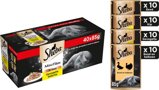 Sheba natte kattenvoeding minifilets gevogelte - 40 stuks - eend, kip, kalkoen, gevogelte - 3400 gram