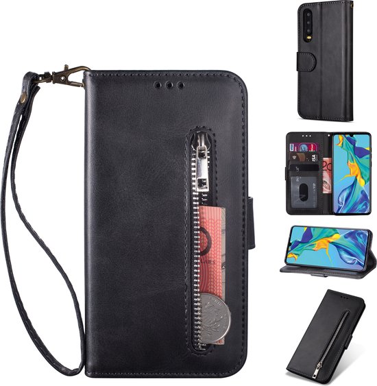 Étui de téléphone noir avec dragonne, poche zippée avec argent et pièce, et autres vues.