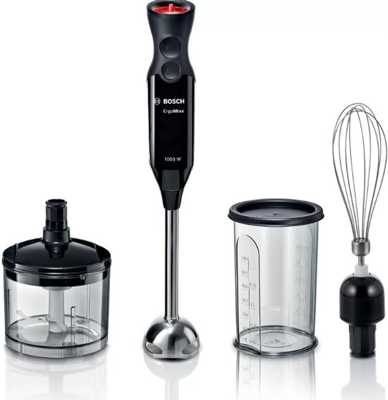 Zwarte Bosch ErgoMixx staafmixer met 1000W, inclusief hakmolen, maatbeker en garde op witte achtergrond.