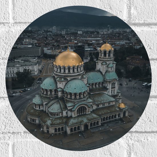 Muursticker Cirkel - Blauw met Goude Alexaner Nevski-kathedraal Midden op het Plein - 30x30 cm Foto op Muursticker