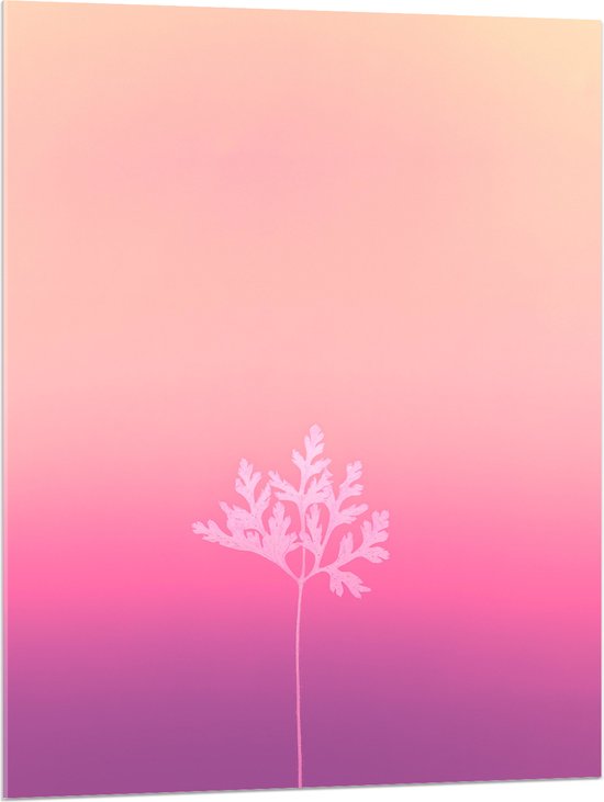Acrylglas - Wit Silhouet van Blad aan Tak tegen Achtergrond in Roze Tinten - 75x100 cm Foto op Acrylglas (Wanddecoratie op Acrylaat)