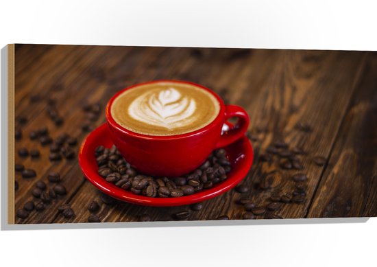 Hout - Rood Kopje met Koffie Omringd door Koffiebonen - 100x50 cm - 9 mm dik - Foto op Hout (Met Ophangsysteem)