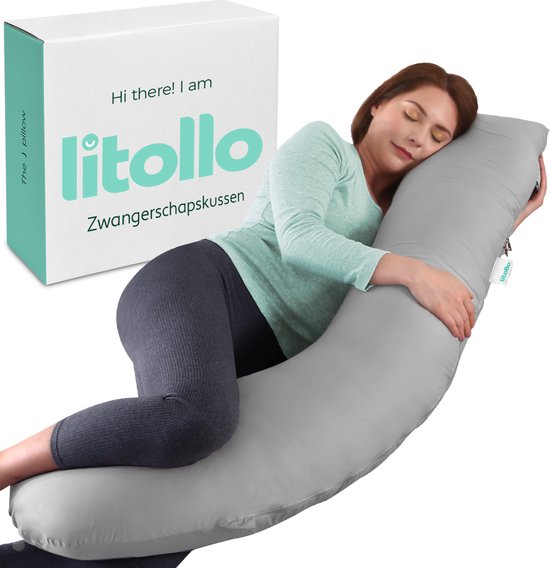 Litollo Zwangerschapskussen J-vorm - Voedingskussen 145 cm - Zijslaapkussen Grijs - Lichaamskussen met Afneembare hoes - Borstvoedingskussen - Body Pillow