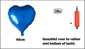 25x Folieballon Hart blauw (45 cm) incl. ballonpomp - hartjes ballon feest festival liefde trouwen huwelijk bruid