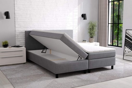 Boxspring Met opbergruimte Erolla - 180x200 cm - grijs stof - zetelsenbedden.be - Compleet bed met matras en topper - bed storage