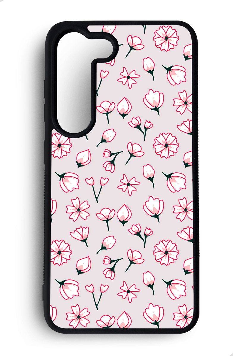 Ako Design Samsung Galaxy S23 hoesje - Bloemen patroon - roze - Hoogglans - TPU Rubber telefoonhoesje - hard backcover
