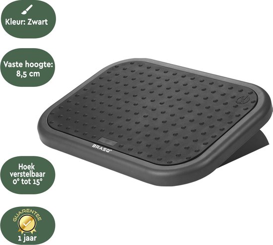 Zwarte, kantelbare voetensteun met 'VASte hoogte: 8,5 cm', 'Hoek verstelbaar 0° tot 15°'.