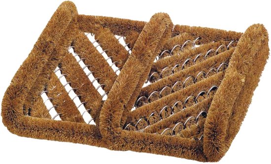 Bruine kokosvezel schoenenborstelmat met metalen frames en diagonale patronen.