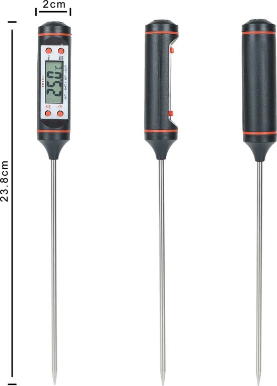 Brauch TP200- Thermometer - Keukenthermometer - RVS - Voedsel Melk, Vlees, BBQ, Water, Zwart Rood - Oven - Brauch