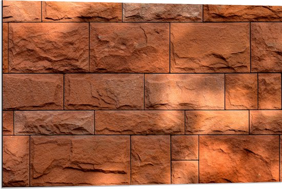 Dibond - Muur van Bruine Stenen - 90x60 cm Foto op Aluminium (Met Ophangsysteem)