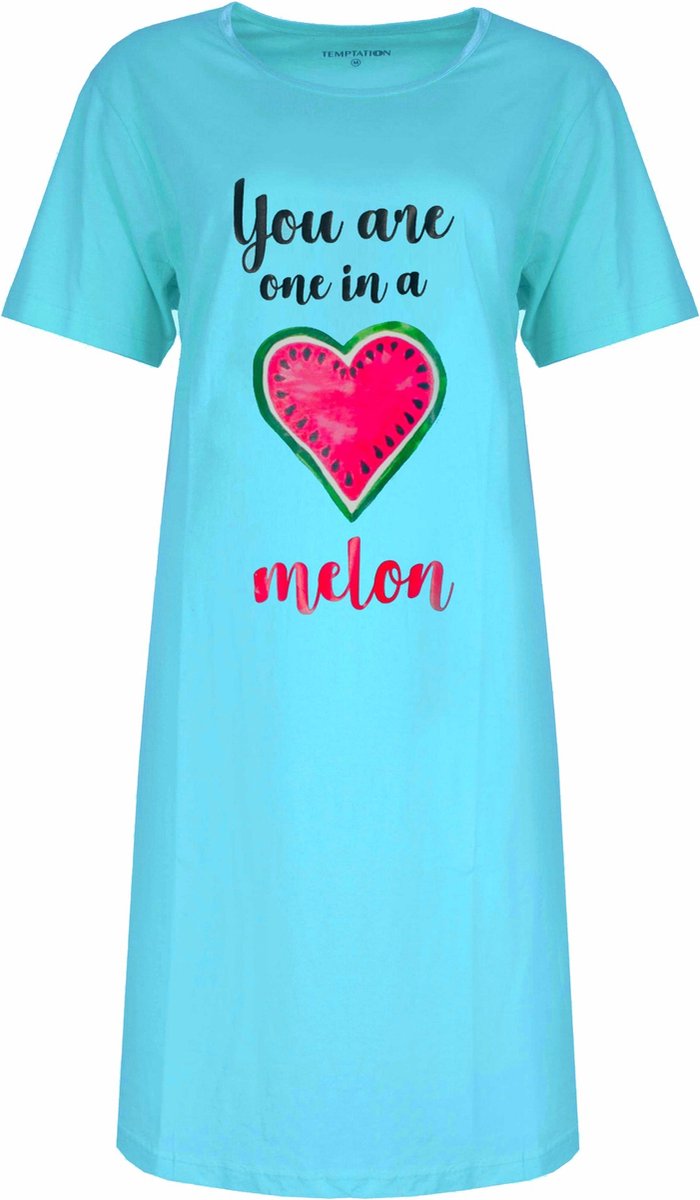 Temptation Dames Nachthemd - Bigshirt - Katoen - Turquoise blauw