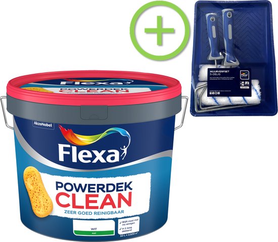 Flexa - Pakket - Powerdek Clean - Reinigbare Muurverf - Wit - 10 Literiter + Muurverfset - 100m2 - In één laag dekkend & streeploos resultaat - Sneldrogend – overschilderbaar na 3 uur - Geproduceerd met biobased grondstoffen