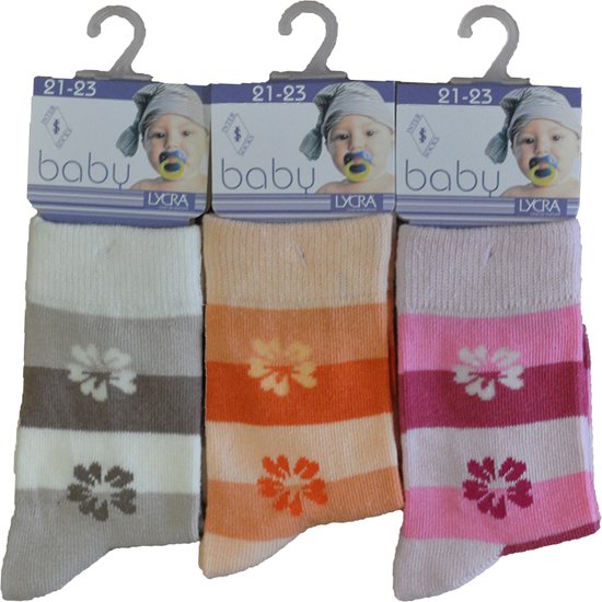 Baby / kinder sokjes flowerstripe - 24/27 - meisjes - 90% katoen - naadloos - 12 PAAR - chaussettes socks