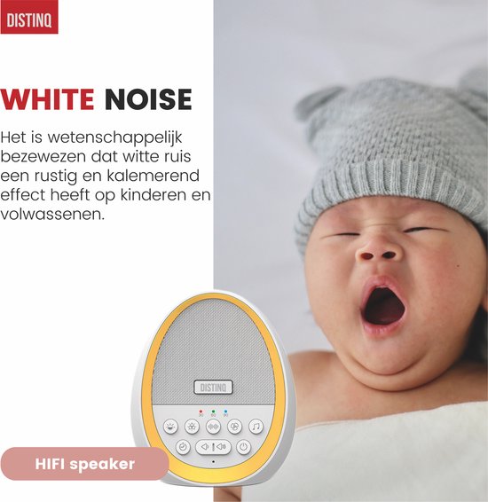 DistinQ White Noise Machine - Witte Ruis Slaaptrainer voor Baby - Slaaphulp met 8 verschillende kleuren LED verlichting en 29 rustgevende geluiden