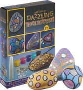 Grafix Metallic Dazzling Rock Painting - Set voor Happy Stones met 3 stenen, 5 kleuren metallic verf en diamant steentjes - Creatief speelgoed voor kinderen vanaf 5 jaar - Inclusief kwast en lijm!