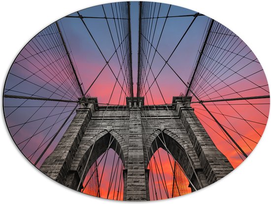 Dibond Ovaal - Uitzicht vanaf Brooklyn Bridge, New York City - 68x51 cm Foto op Ovaal (Met Ophangsysteem)