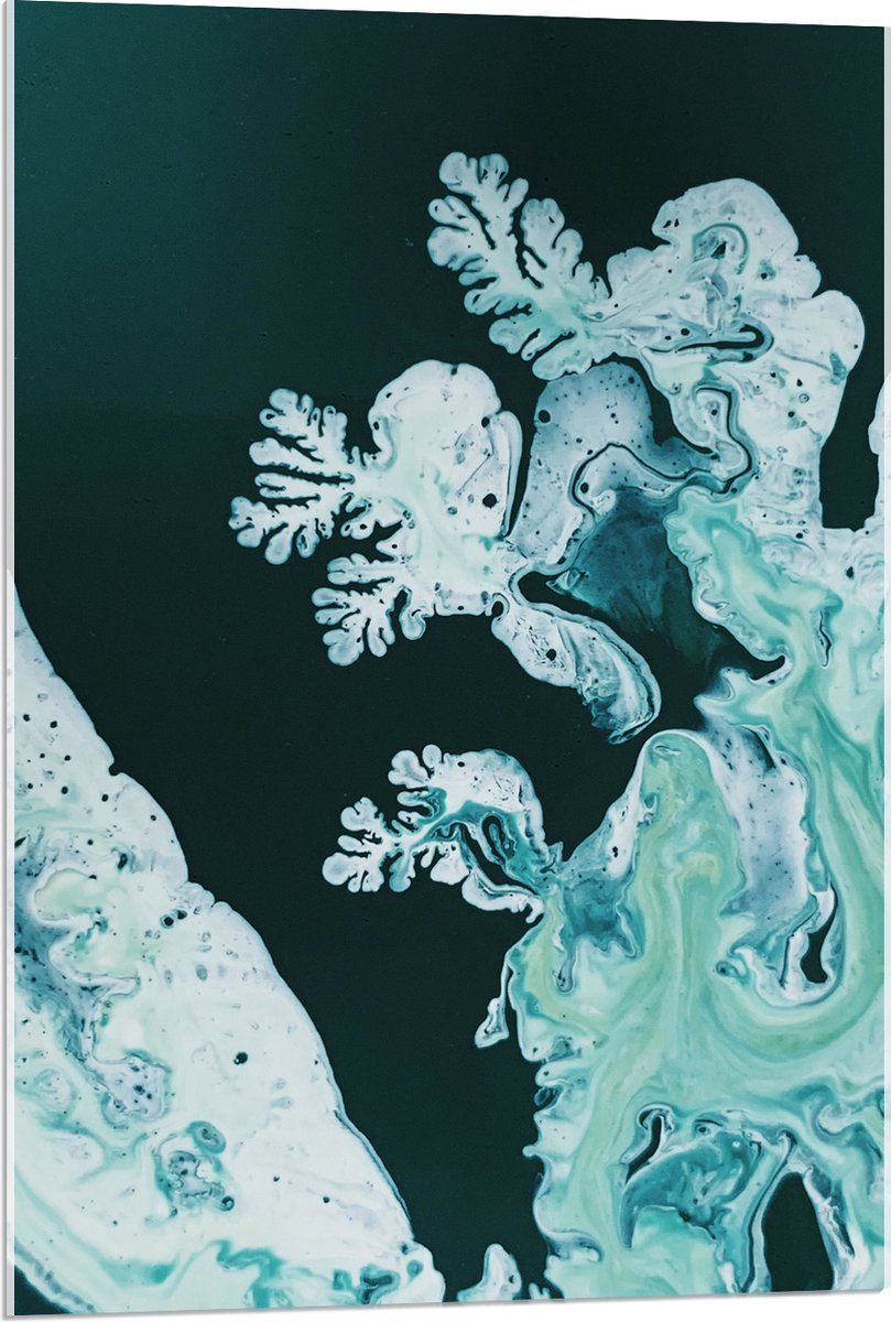 Acrylglas - Blauw, Groen en Witte Verf op Donkergroene Achtergrond - 60x90 cm Foto op Acrylglas (Wanddecoratie op Acrylaat)