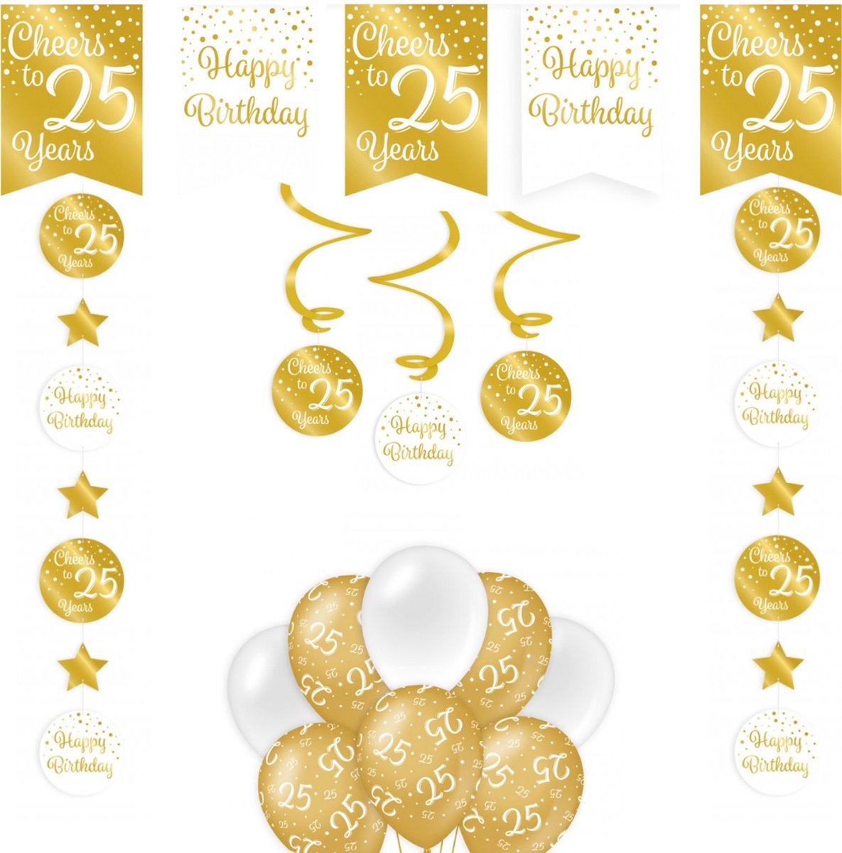 Feestpakket Verjaardag Versiering 25 Jaar - Goud - Wit - Versiering - Decoratie - Pakket - Leeftijden - Slinger - Ballonnen - Hangdecoratie - Swirls - Thema Versiering - 25e Verjaardagfeest