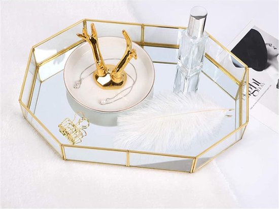 Gespiegeld glazen dienblad veelhoek metaal decoratief dienblad sieraden parfum organizer make-up dienblad voor dressoir dressoir badkamer slaapkamer (klein)