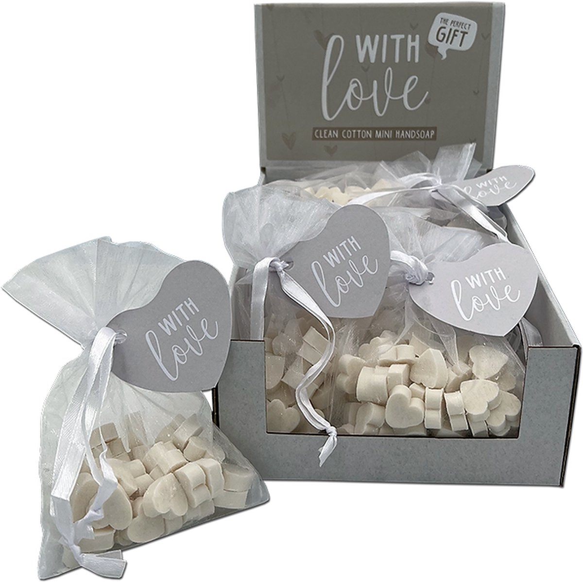 Goedkoopste Mini hartzeepjes Clean Cotton in organza 50 gr