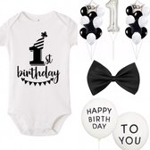 29-delige eerste verjaardag cakesmash set zwart, wit en zilver met romper, dasstrik en ballonnen - eerste - 1 - verjaardag - cakesmash - romper - ballon