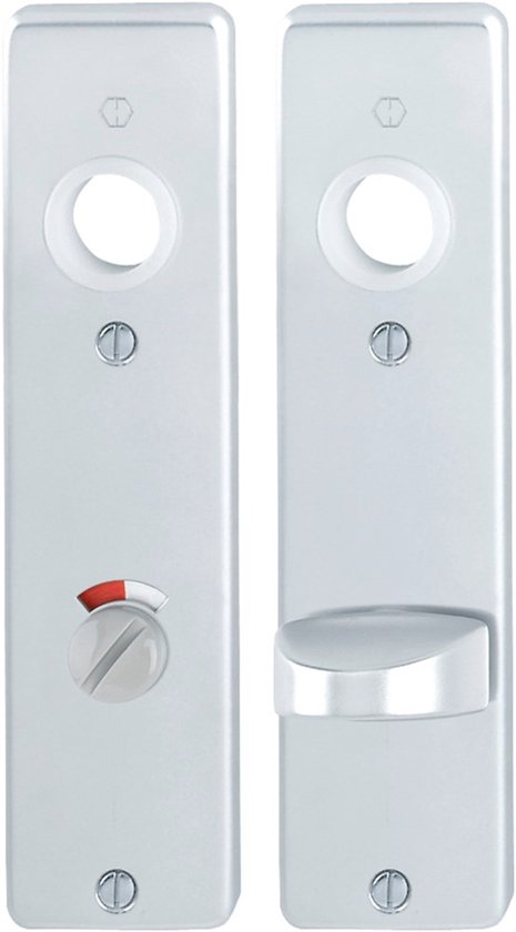 Zilverkleurige wc-deurschilden: één met rode/witte indicator, de ander met een knop.