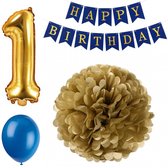 10-delige verjaardag decoratie set blauw met goud met slinger, pompoms en ballonnen - verjaardag - decoratie - blauw - goud