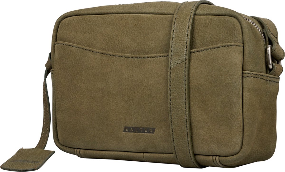 Salted Leren Dames Schoudertasje - Crossover - Camerabag - Nubuck Leer - Olijfgroen