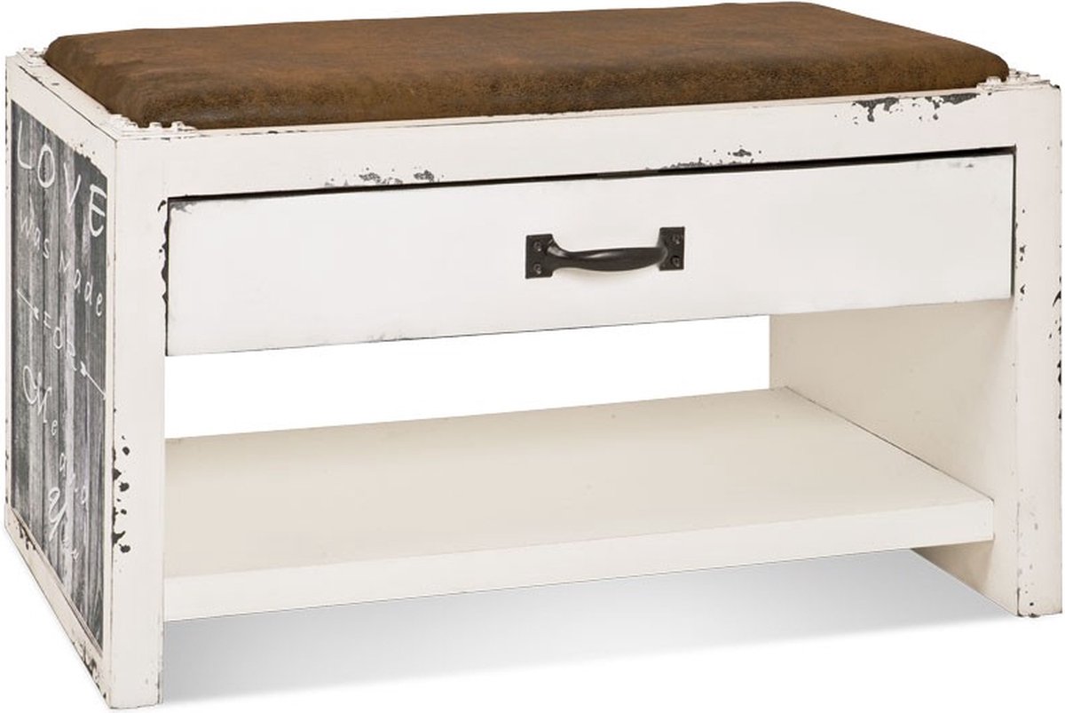 Hocker – Massief hout vintage look – Leatherlook zitting met lade – 72 cm breed, 38 cm diep, 42 cm hoog