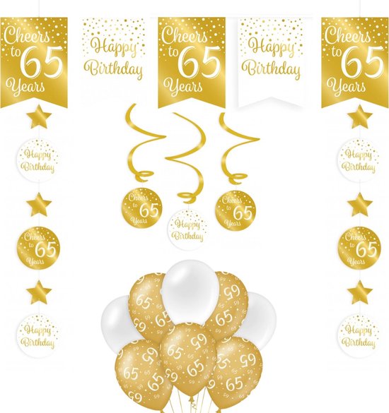 Feestpakket Verjaardag Versiering 65 Jaar - Goud - Wit - 14 Stuks