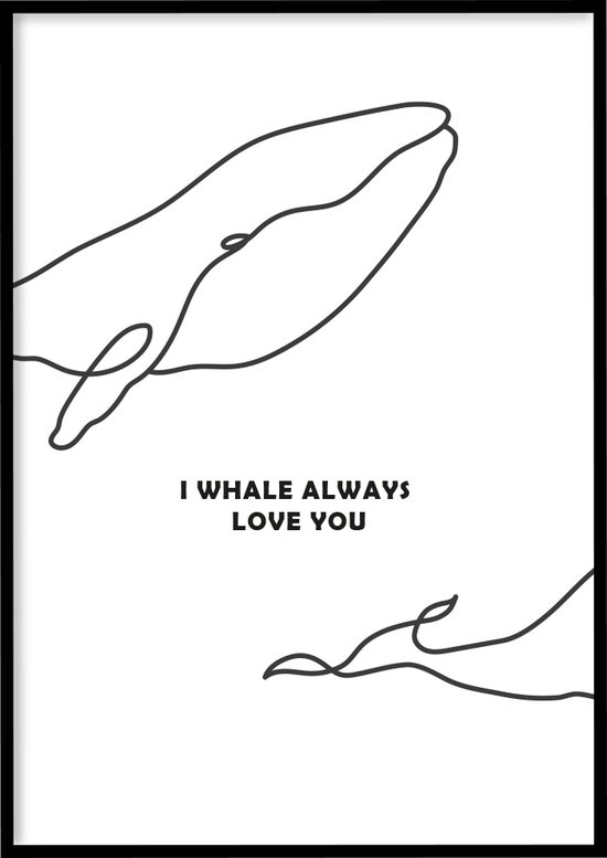 Poster Whale Love You - 30x40 cm met Fotolijst - Line art poster - Kinderkamer poster - Ingelijst - WALLLL