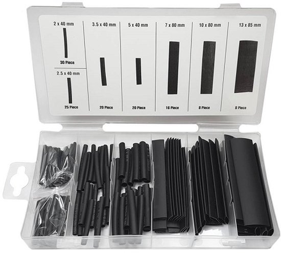 Open koffer met Benson Tools krimpkousen. Verschillende maten en aantallen. Zwart.