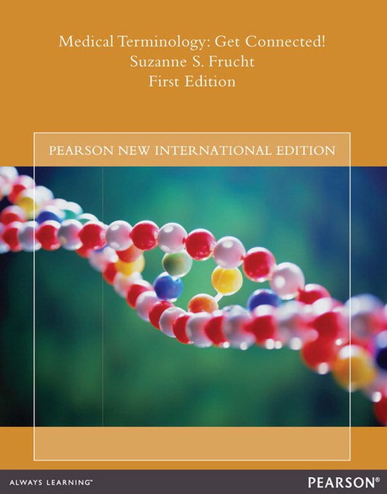Livre "Medical Terminology: Get Connected!" Suzanne S. Frucht, First Edition. Avec une double hélice d'ADN faite de perles colorées sur un fond vert flou.