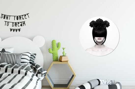 WallCircle - Stickers muraux - Cercle de papier peint - Portrait - Femme - Roses - Abstrait - Zwart et blanc - 80x80 cm - Cercle mural - Autocollant - Autocollant de papier peint rond