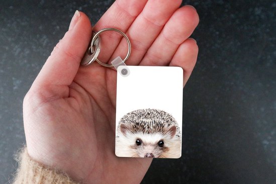 Porte-clés avec une tête de hérisson adorable, tenu dans une main.