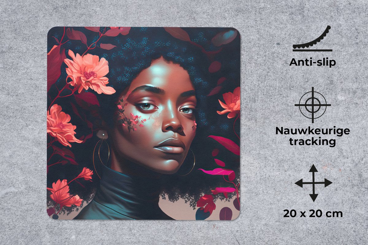 Muismat 20x20 cm - Mousepad Bloemen - Vrouw - Portret - Illustratie - Muismatten