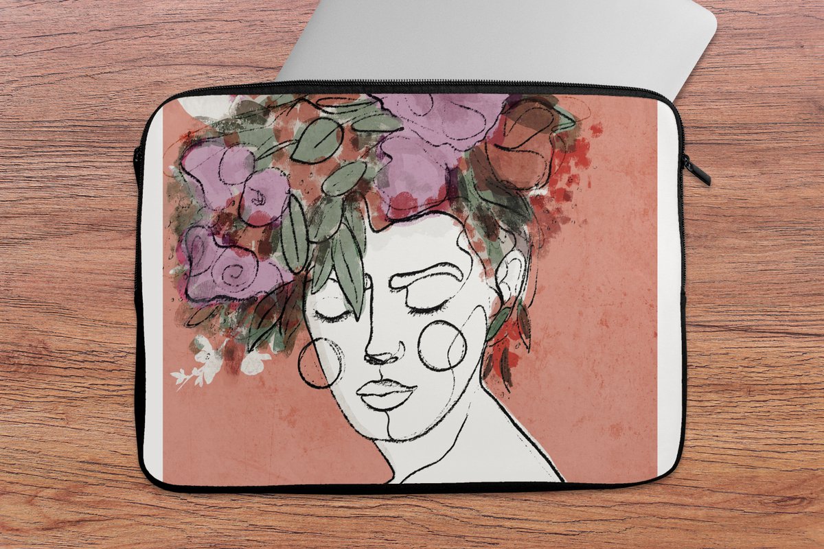 Laptophoes 13 inch - Portret - Vrouw - Bloemen - Pastel - Laptop sleeve - Binnenmaat 32x22,5 cm - Zwarte achterkant