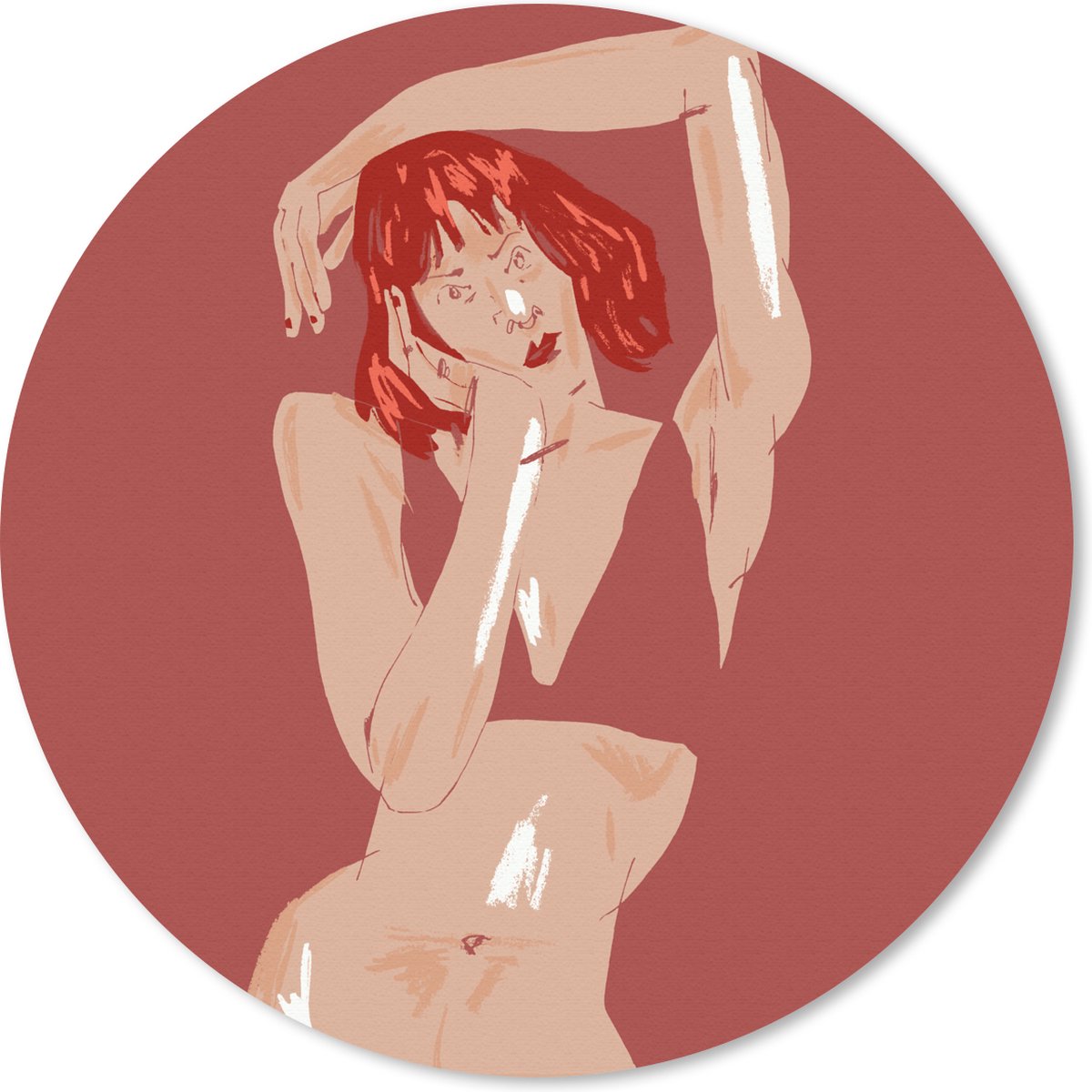Muismat rond 30x30 cm - Mousepad Vrouw - Rood - Abstract - Portret - Ronde muismatten