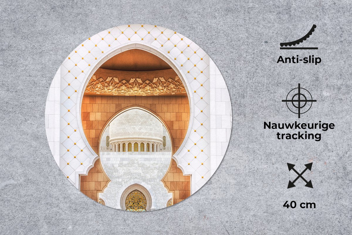 Muismat rond 40x40 cm - Mousepad Poort - Architectuur - Wit - Goud - Ronde muismatten