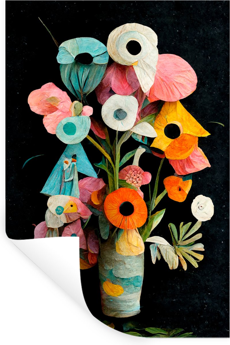 Muurstickers - Sticker Folie - Boeket - Vaas - Bloemen - Kleuren - 80x120 cm - Plakfolie -