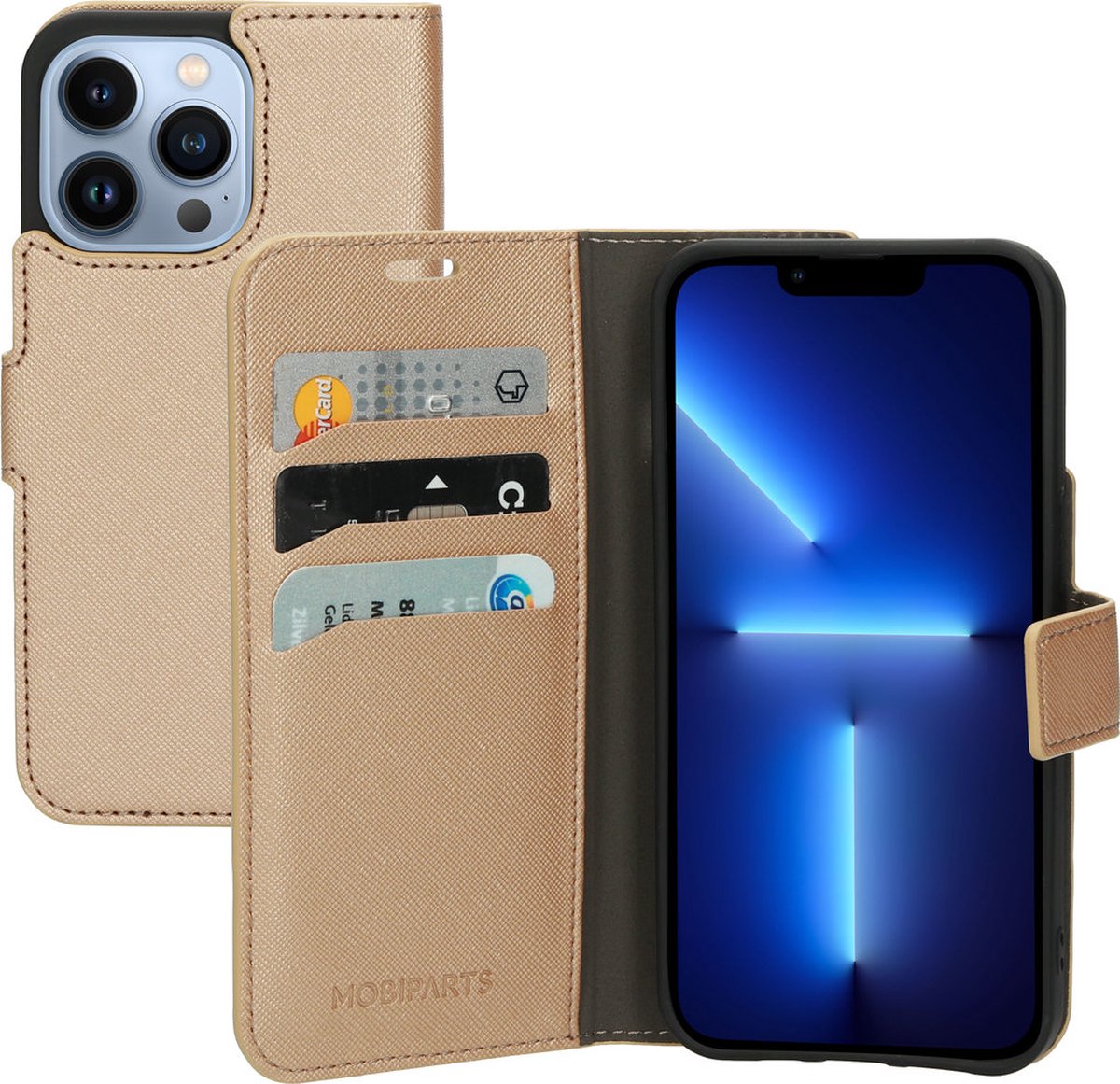Mobiparts hoesje geschikt voor Apple iPhone 13 Pro - Saffiano Wallet/Portemonnee hoesje - Magneet Sluiting - 3 Opbergvakken - Koper