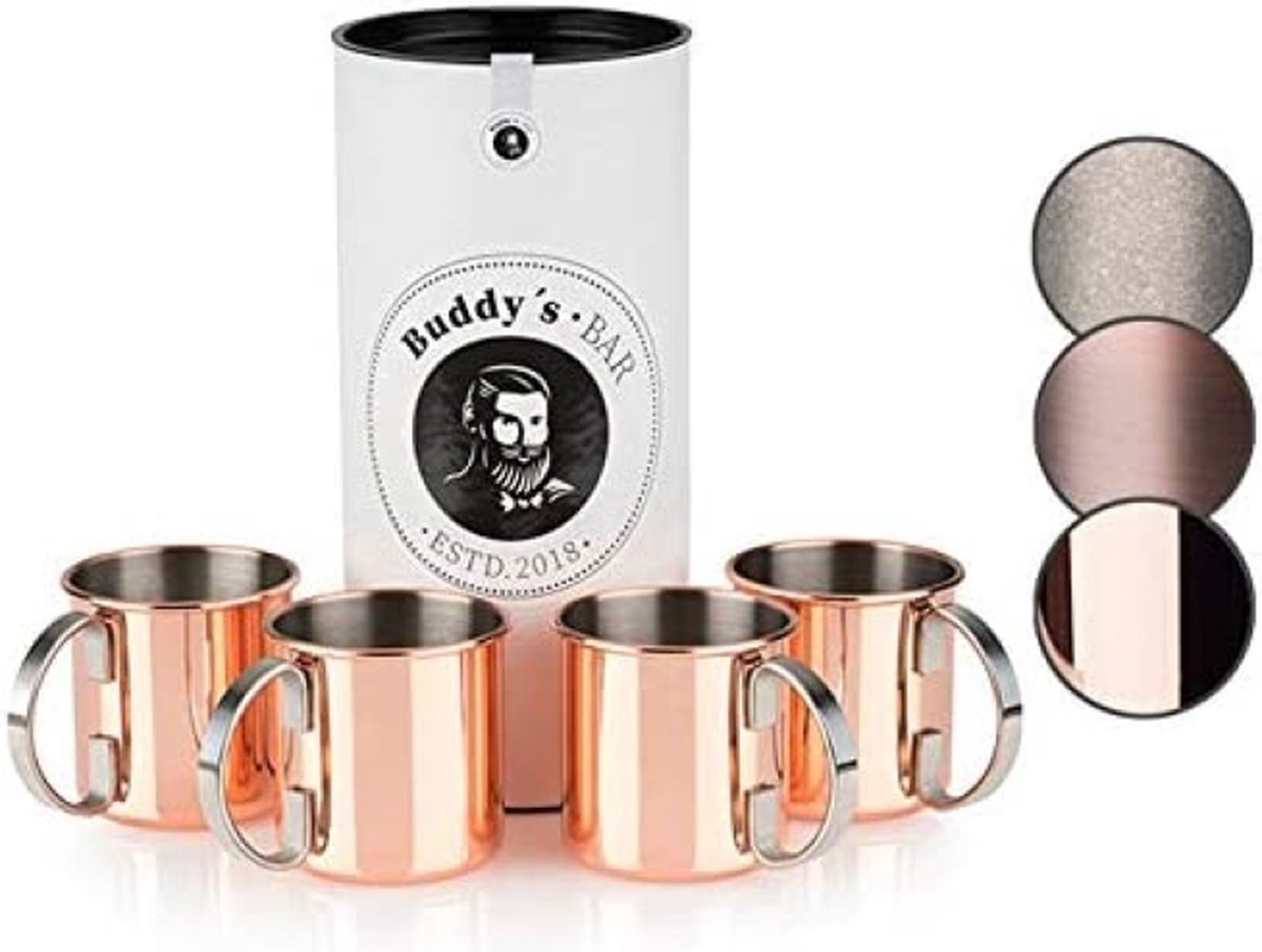 Buddy's Bar Moscow Mule Bekers - Cocktailglazen - Set van 4 Koperen Bekers - RVS met Koperen Coating - Met Geschenkverpakking - 450 ml