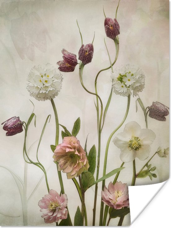 Poster - Bloemen - Vintage - Lente - Botanisch - Stilleven - Wanddecoratie - 60x80 cm - Muurposter - Posters vintage