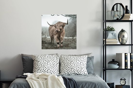Muurstickers - Sticker Folie - Schotse Hooglander - Bos - Mist - Koe - Dieren - Natuur - 80x80 cm - Plakfolie - Muurstickers Kinderkamer - Zelfklevend Behang - Zelfklevend behangpapier - Stickerfolie