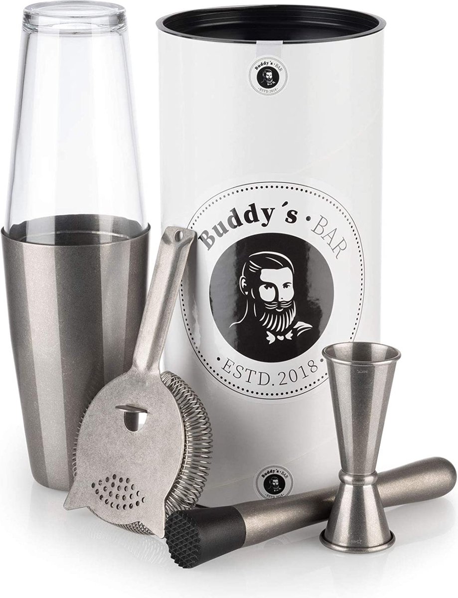 Buddy's Bar Boston barset - 4 delig - Boston shaker 700 ml - antiek roestvrij staal